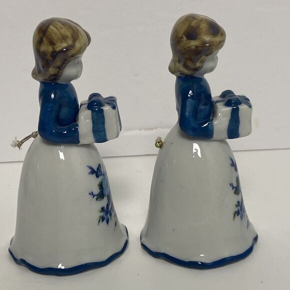 Vintage Porcelain Bells Girl Holding Gift Blue Floral Pattern Skirt Heavy Gloss - Picture 3 of 6